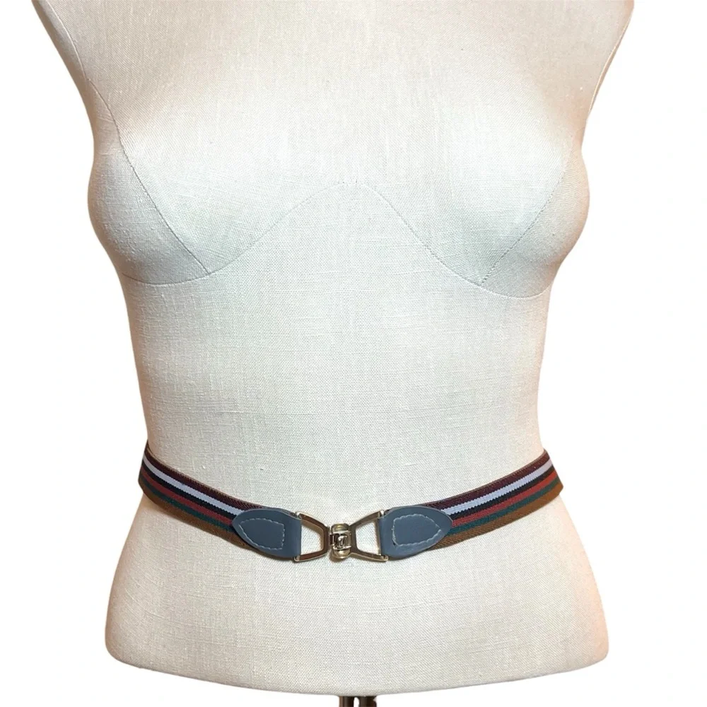 Reversible Vintage Striped Belt Metal Equestrian Thin Stretch Elastic Preppy